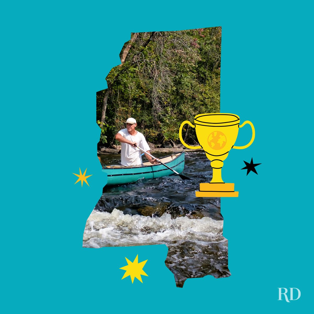 An image relating to a crazy world record of the state of Mississippi-Fastest-time-to-travel-the-length-of-the-Mississippi-River-by-canoe - clipped to the state map on a blue background with trophy and stars graphic elements around it.