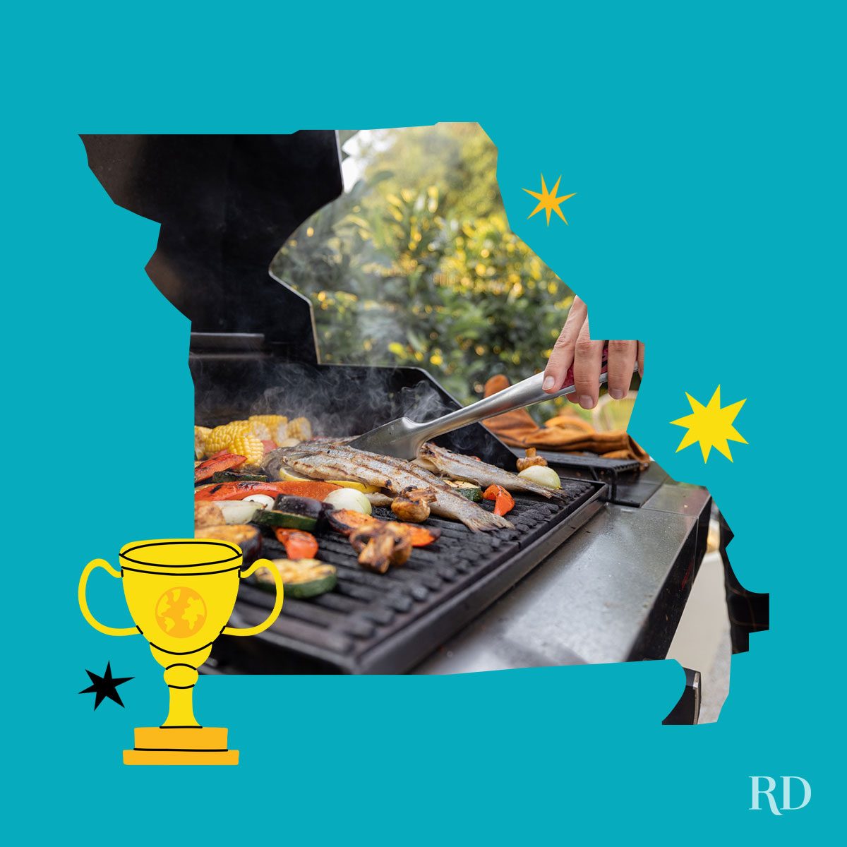 An image relating to a crazy world record of the state of Missouri-Largest-BBQ-grilling-lesson - clipped to the state map on a blue background with trophy and stars graphic elements around it.