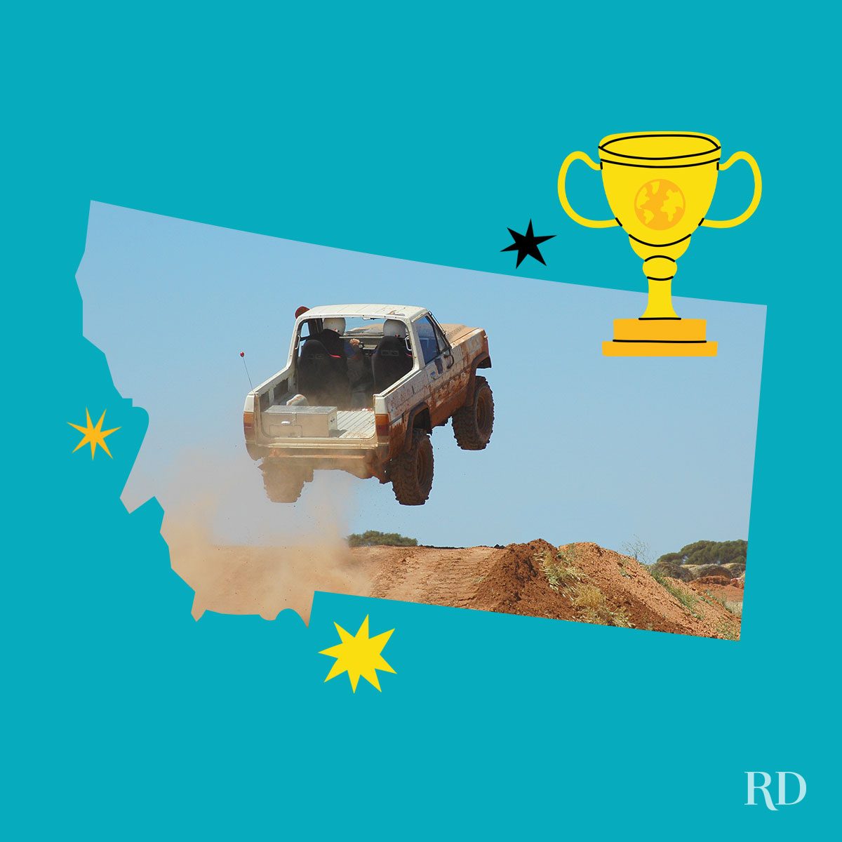 An image relating to a crazy world record of the state of Montana-Longest-ramp-jump-by-a-truck-cab - clipped to the state map on a blue background with trophy and stars graphic elements around it.