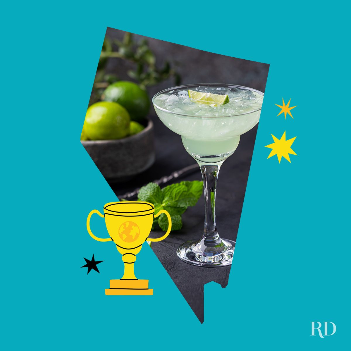 An image relating to a crazy world record of the state of Nevada-Largest-margarita - clipped to the state map on a blue background with trophy and stars graphic elements around it.