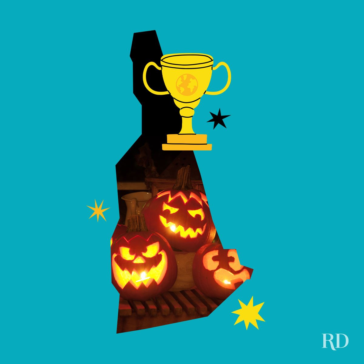 An image relating to a crazy world record of the state of New-Hampshire-Most-lit-jack-o-lanterns-on-display - clipped to the state map on a blue background with trophy and stars graphic elements around it.