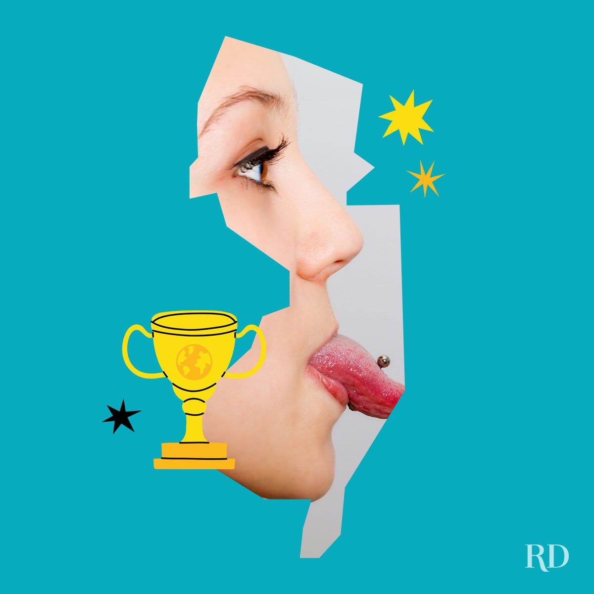 An image relating to a crazy world record of the state of New-Jersey-Holiest-tongue - clipped to the state map on a blue background with trophy and stars graphic elements around it.