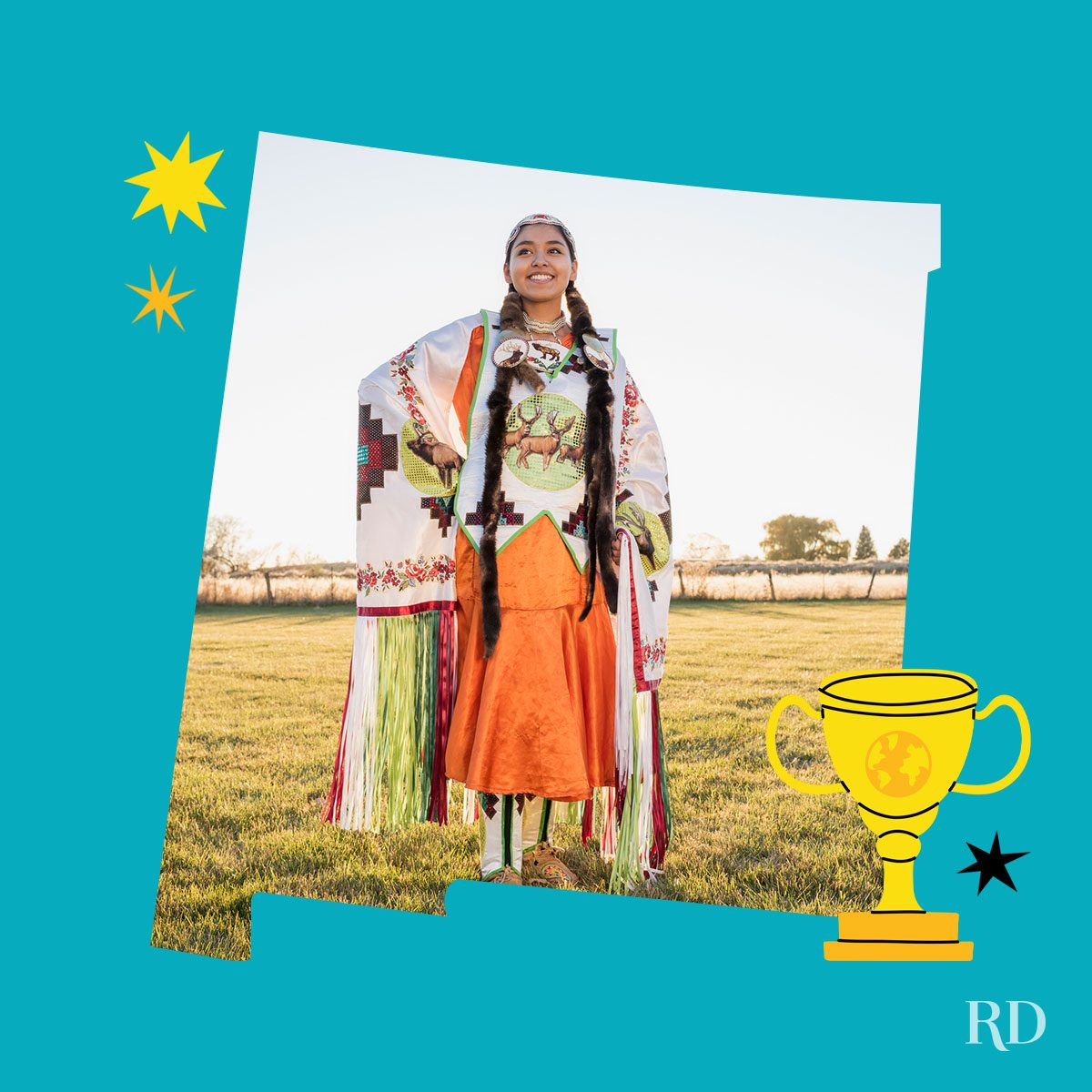 An image relating to a crazy world record of the state of New-Mexico-Largest-Native-American-reservation-in-the-U.S. - clipped to the state map on a blue background with trophy and stars graphic elements around it.