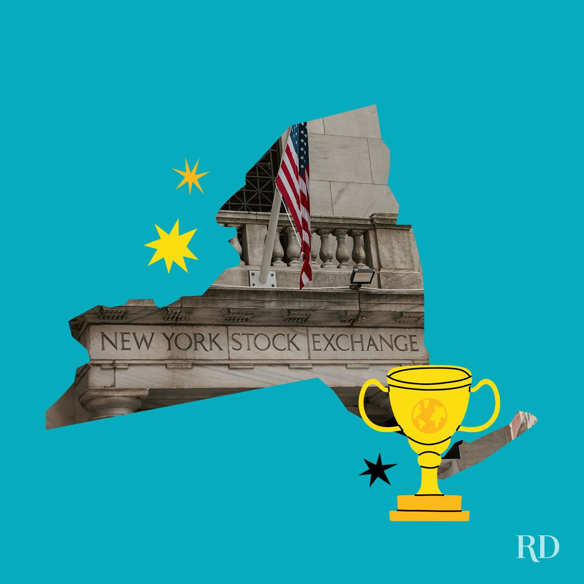 An image relating to a crazy world record of the state of New-York-Longest-trading-suspension - clipped to the state map on a blue background with trophy and stars graphic elements around it.