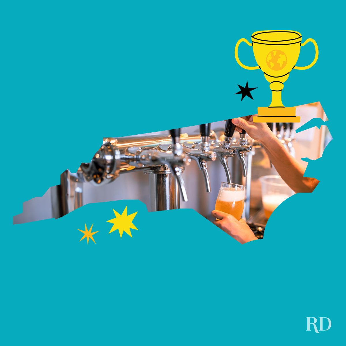 An image relating to a crazy world record of the state of North-Carolina-Most-different-beer-brands-on-tap - clipped to the state map on a blue background with trophy and stars graphic elements around it.