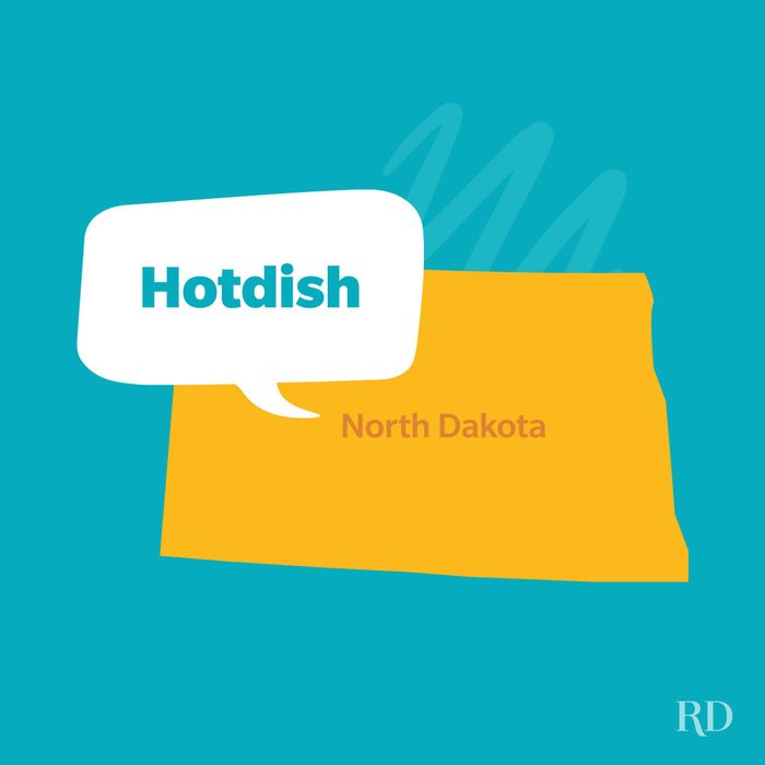 North Dakota state's slang word Hotdish on the speech bubble with the state map in yellow against a blue background.