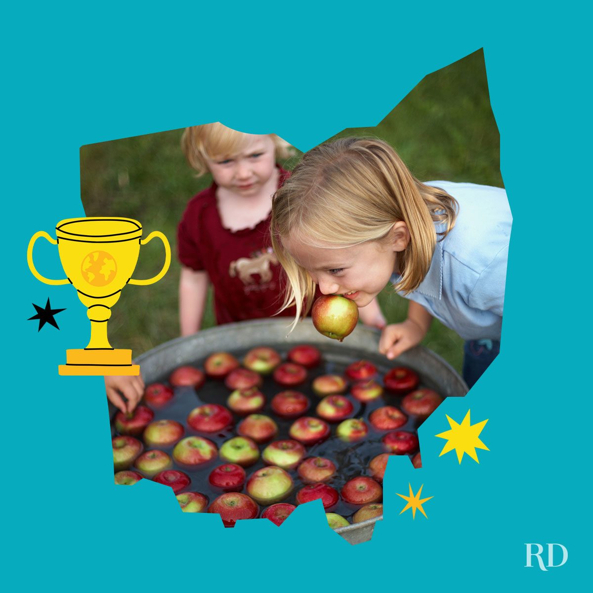 An image relating to a crazy world record of the state of Ohio-Most-people-bobbing-for-apples - clipped to the state map on a blue background with trophy and stars graphic elements around it.