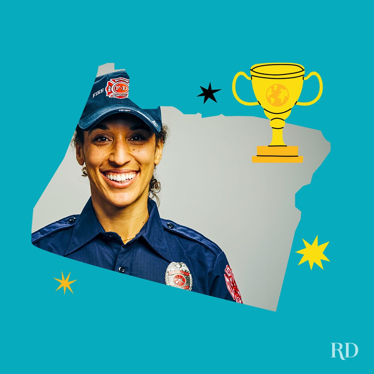 An image relating to a crazy world record of the state of Oregon-Largest-collection-of-firefighter-patches - clipped to the state map on a blue background with trophy and stars graphic elements around it.
