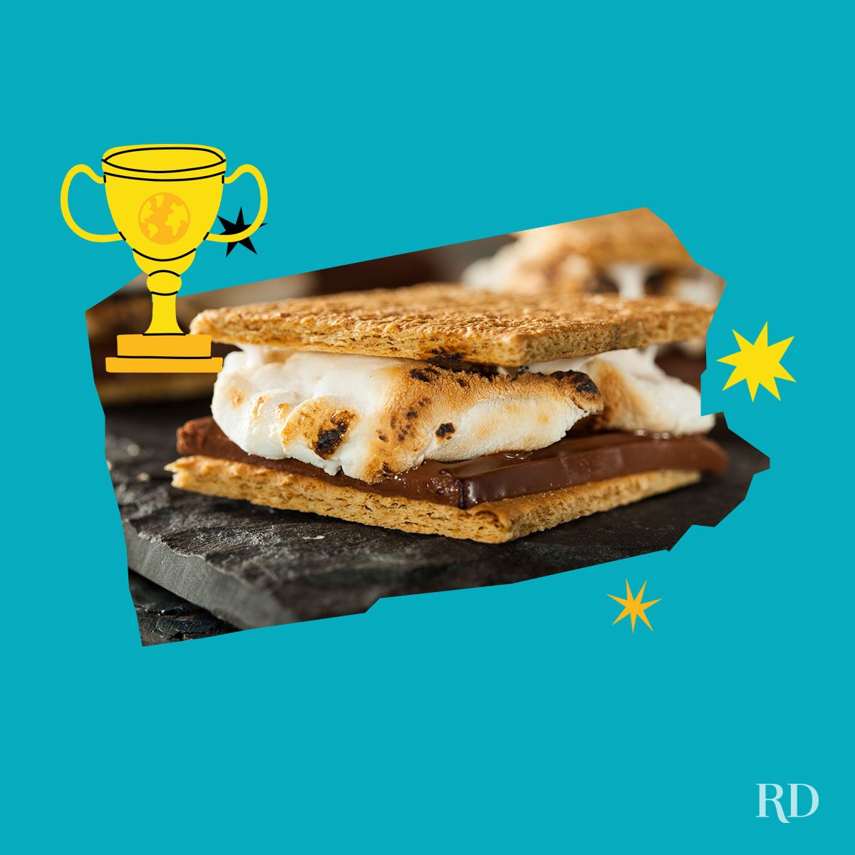 An image relating to a crazy world record of the state of Pennsylvania-Largest-smore - clipped to the state map on a blue background with trophy and stars graphic elements around it.