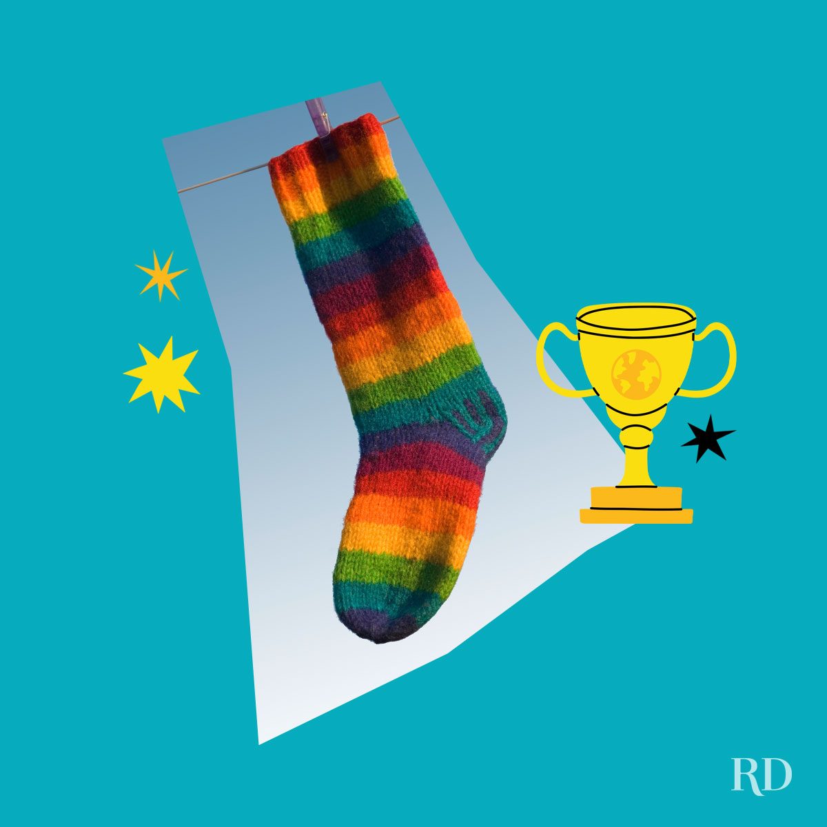 An image relating to a crazy world record of the state of Rhode-Island-Largest-sock - clipped to the state map on a blue background with trophy and stars graphic elements around it.