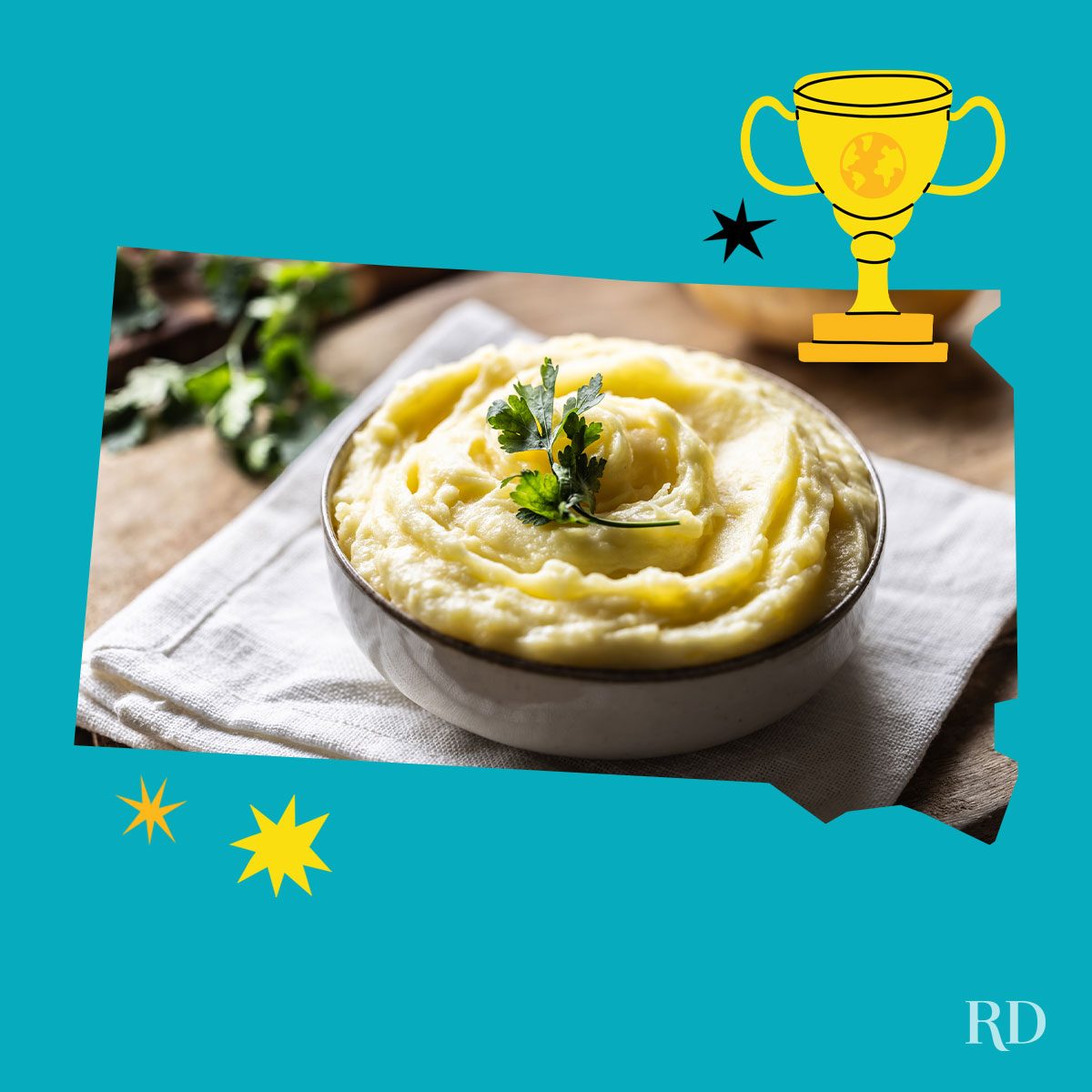An image relating to a crazy world record of the state of South-Dakota-Most-wins-of-the-mashed-potato-wrestling-championships - clipped to the state map on a blue background with trophy and stars graphic elements around it.