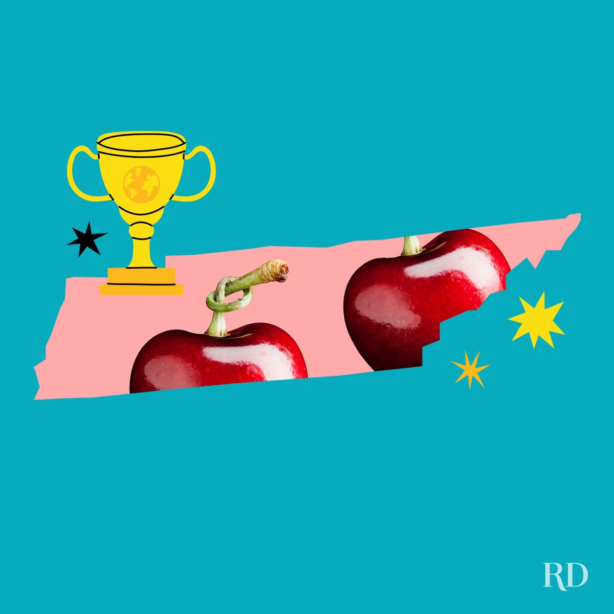 An image relating to a crazy world record of the state of Tennessee-Most-cherry-stems-knotted-by-tongue-in-one-minute - clipped to the state map on a blue background with trophy and stars graphic elements around it.
