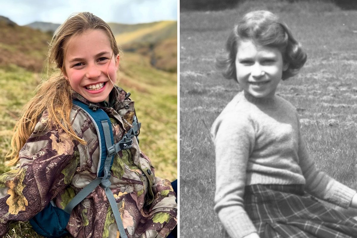 Side by side image of princess Charlotte (left) and queen elizabeth II (Right)