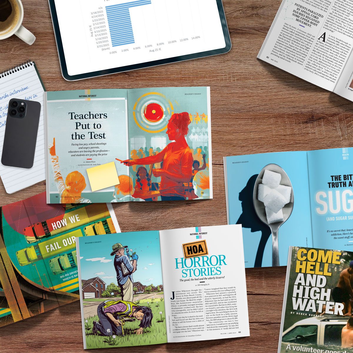 open magazines on a desk with a smartphone, ipad and coffee mug