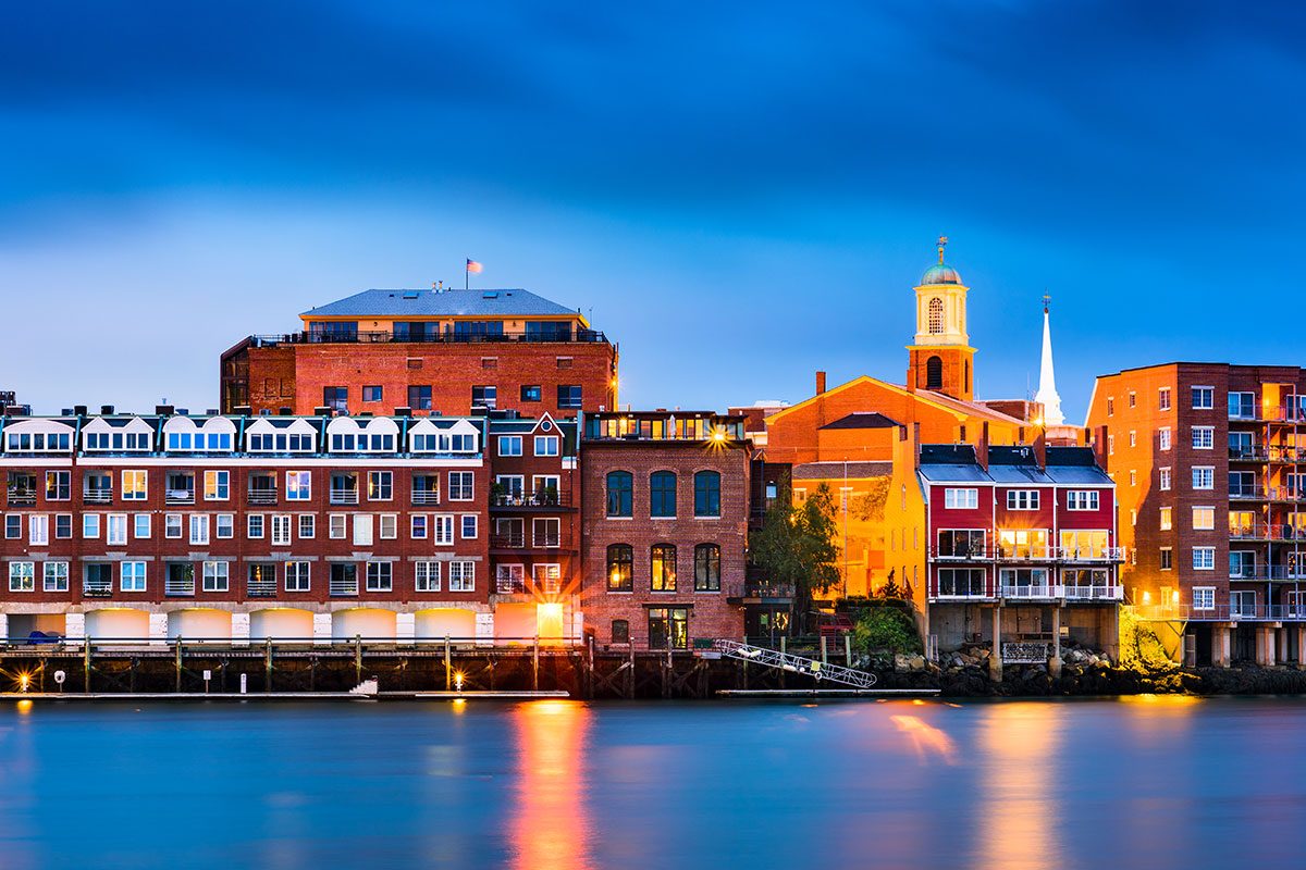 Portsmouth, New Hampshire, USA town skyline on the Piscataqua River.