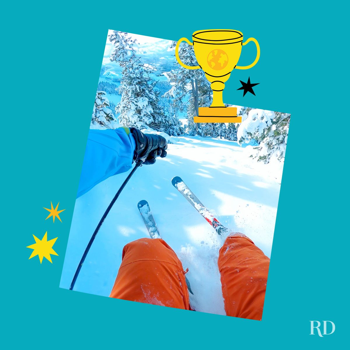 An image relating to a crazy world record of the state of Utah-Most-vertical-feet-skied-in-a-year - clipped to the state map on a blue background with trophy and stars graphic elements around it.