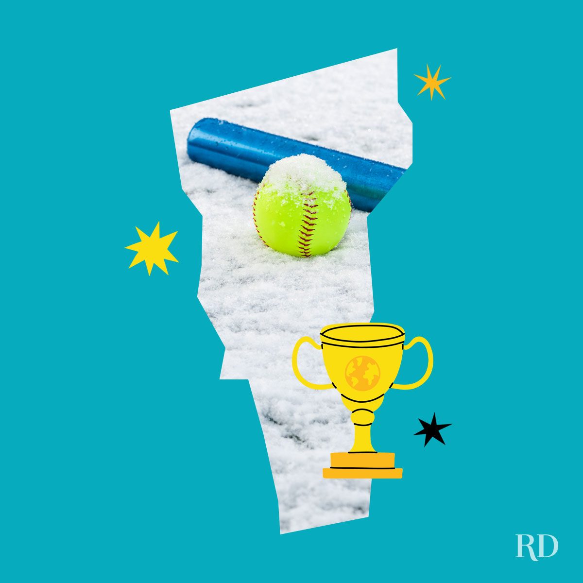 An image relating to a crazy world record of the state of Vermont-Largest-snow-softball-tournament - clipped to the state map on a blue background with trophy and stars graphic elements around it.