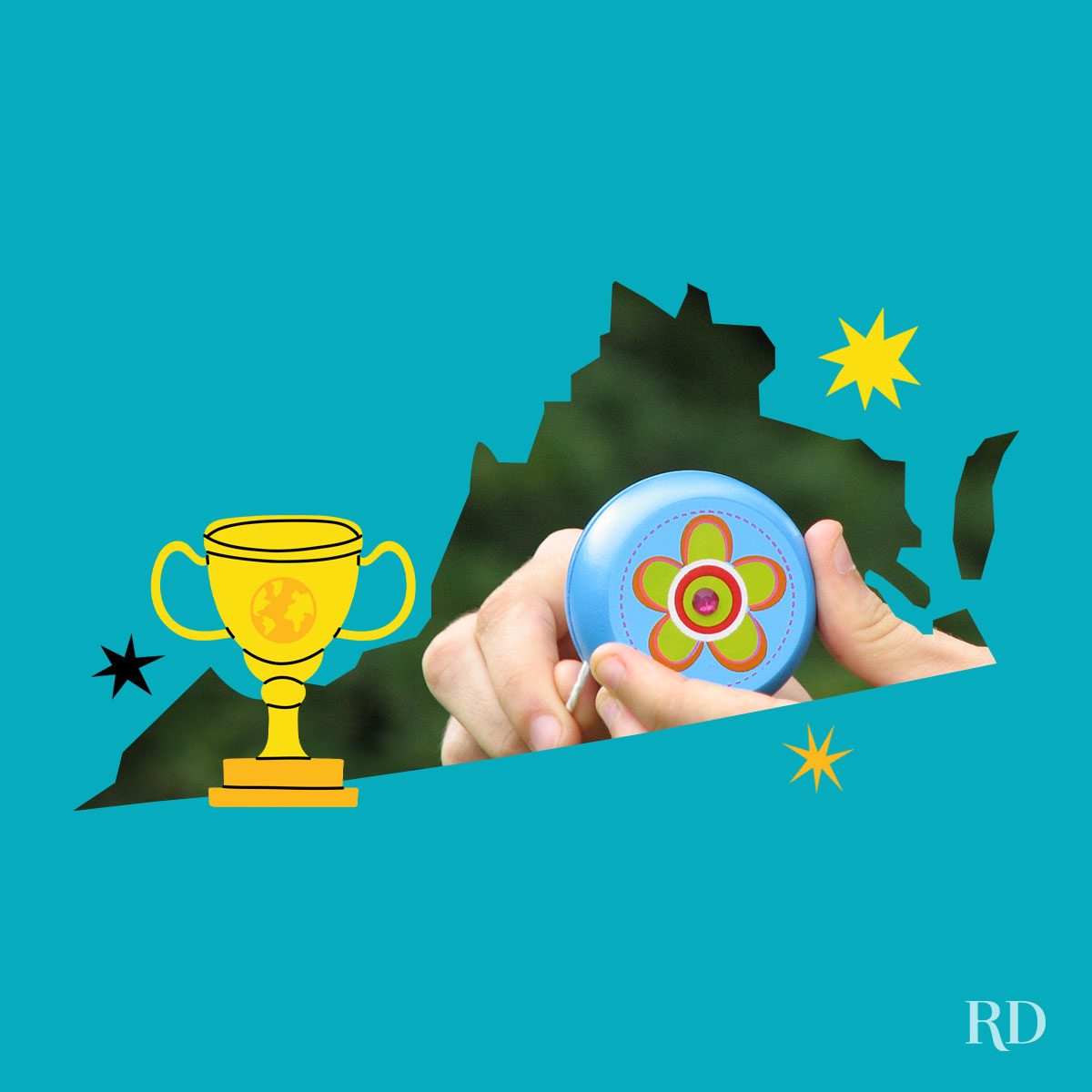 An image relating to a crazy world record of the state of Virginia-Largest-simultaneous-yo-yo-event - clipped to the state map on a blue background with trophy and stars graphic elements around it.