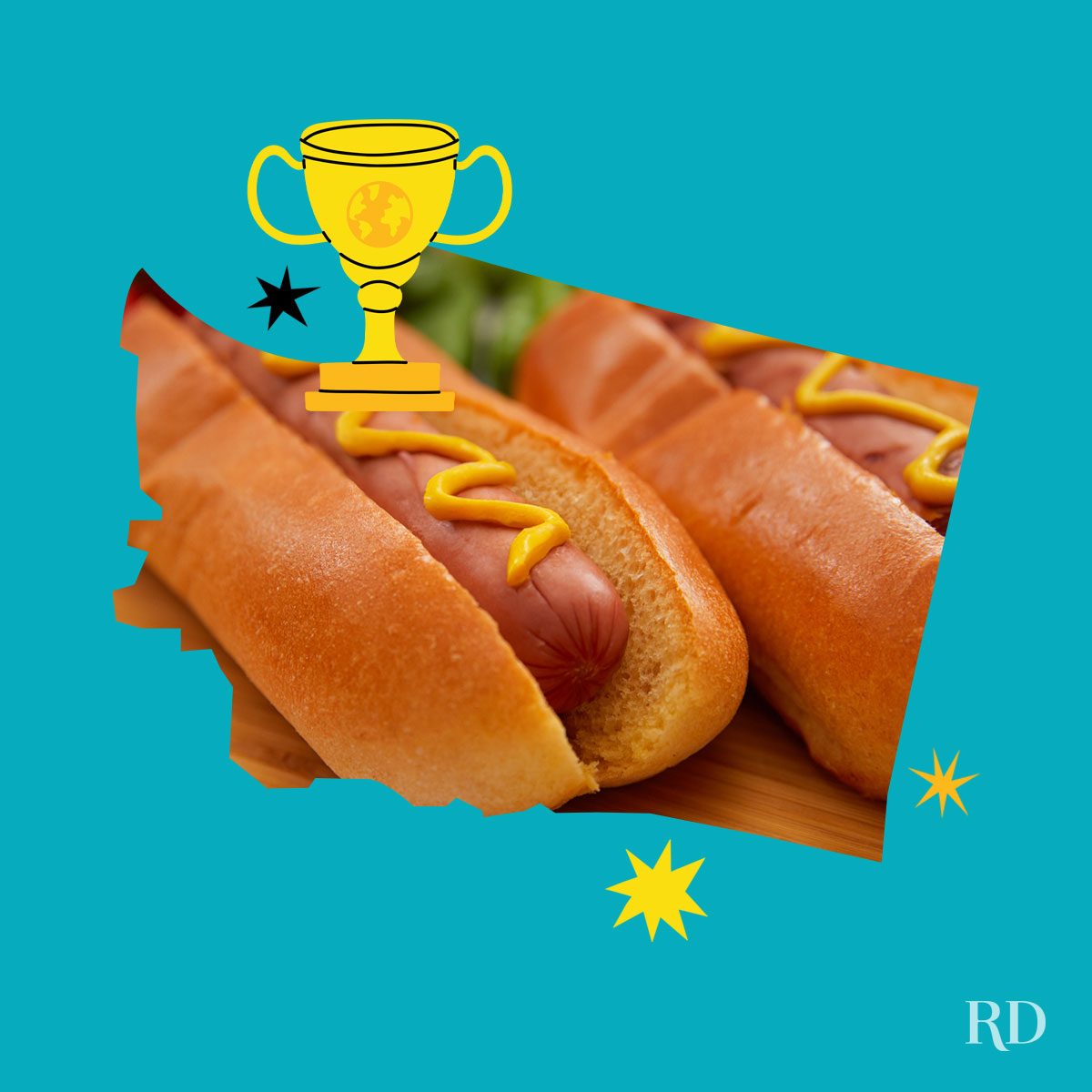 An image relating to a crazy world record of the state of Washington-Most-expensive-hot-dog - clipped to the state map on a blue background with trophy and stars graphic elements around it.