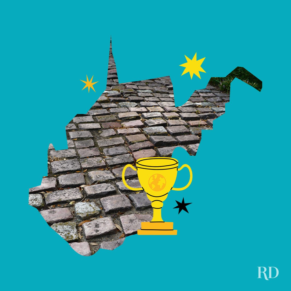 An image relating to a crazy world record of the state of West-Virginia-First-brick-paved-road - clipped to the state map on a blue background with trophy and stars graphic elements around it.