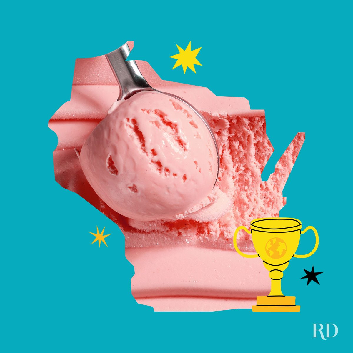 An image relating to a crazy world record of the state of Wisconsin-Largest-scoop-of-ice-cream - clipped to the state map on a blue background with trophy and stars graphic elements around it.