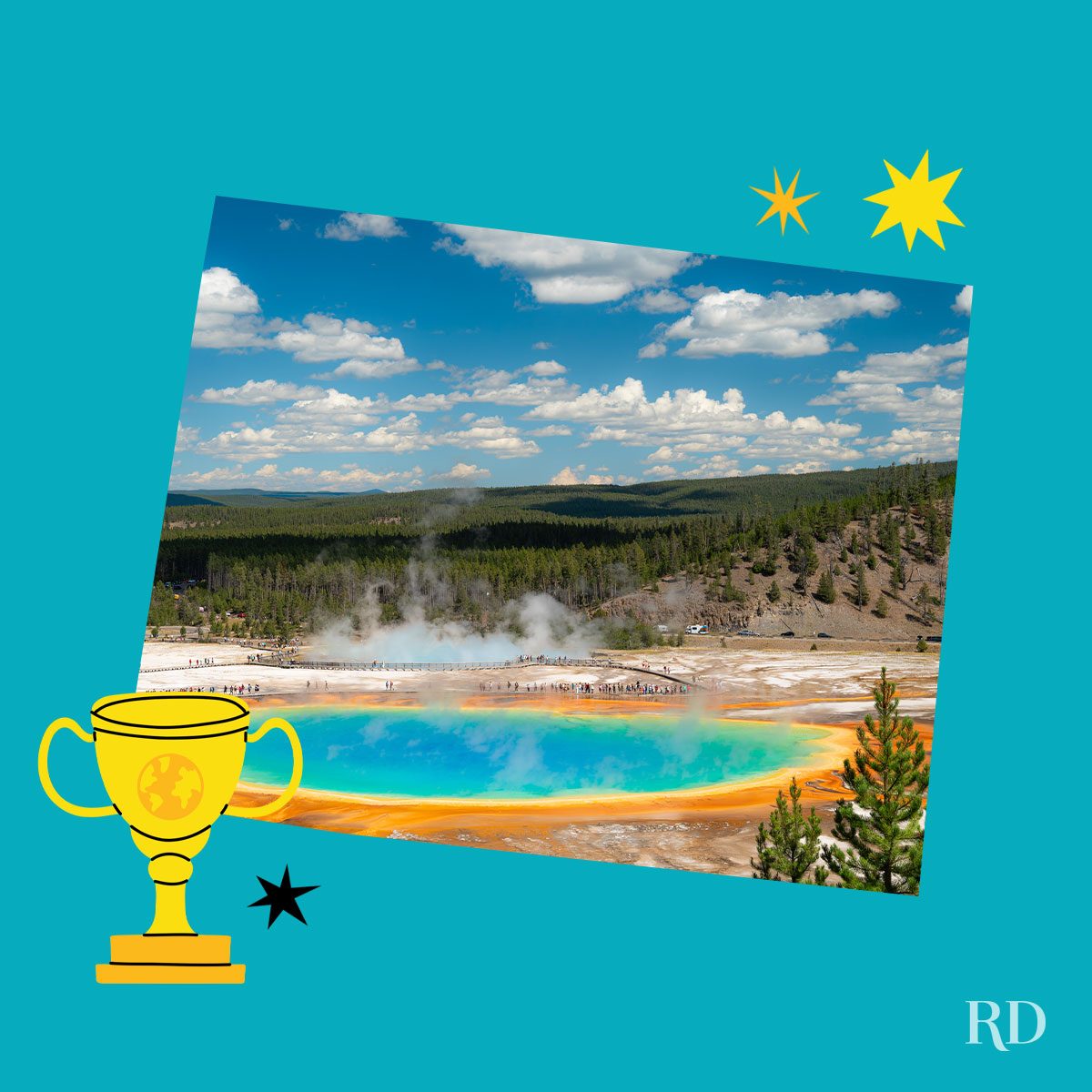 An image relating to a crazy world record of the state of Wyoming-Oldest-national-park - clipped to the state map on a blue background with trophy and stars graphic elements around it.