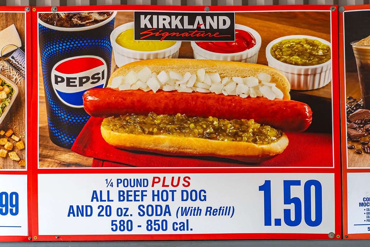 Famous all beef hot dog and fountain drink offering inside Costco Warehouse Food Court